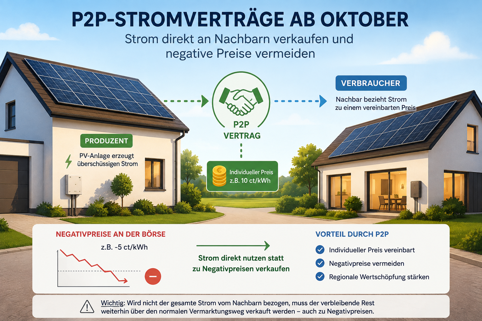 PV-Produzent verkauft überschüssigen Solarstrom per P2P-Vertrag direkt an einen Nachbarn zu einem individuell vereinbarten Preis.
